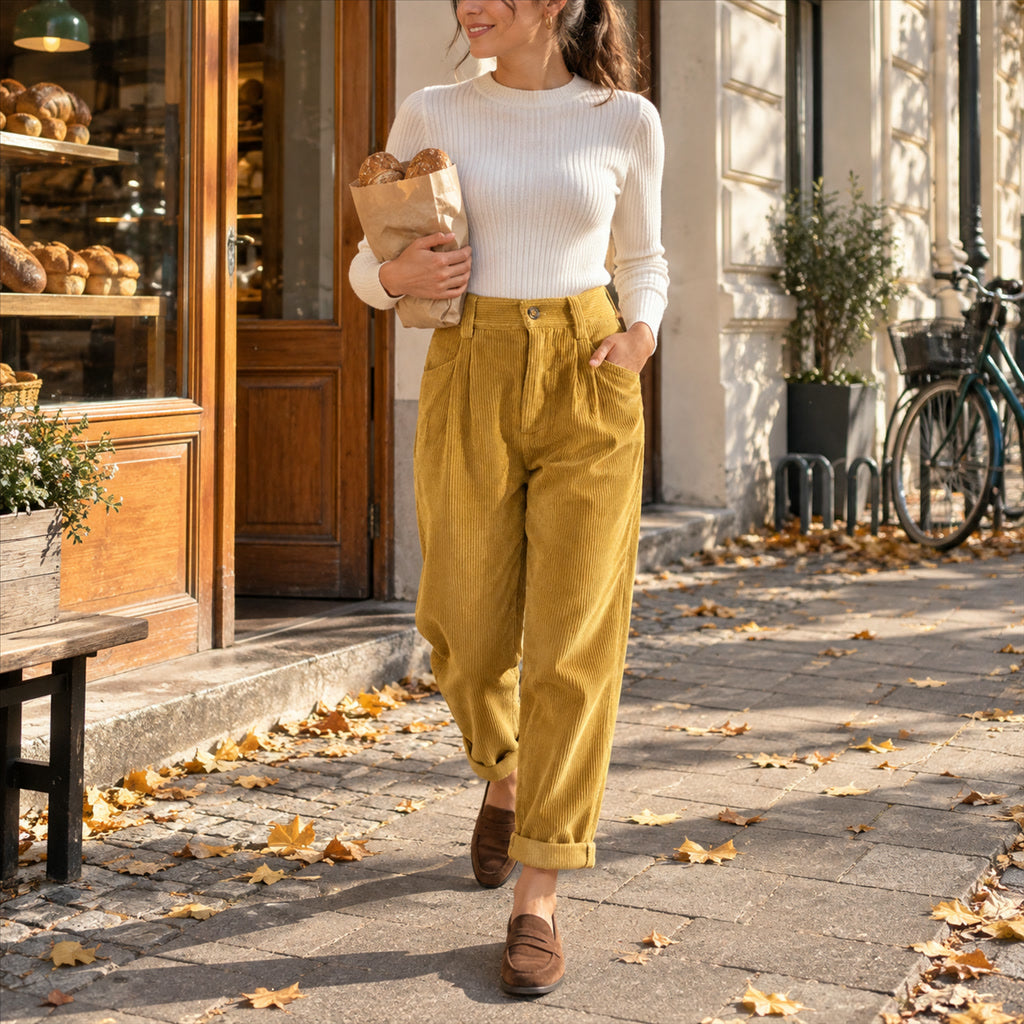 Cordhose für Damen mit hohem elastischem Bund und lockerem Bein für den Alltag – bequeme Passform, S bis 3XL, 5 Farben von Sonnengelb bis Schwarz