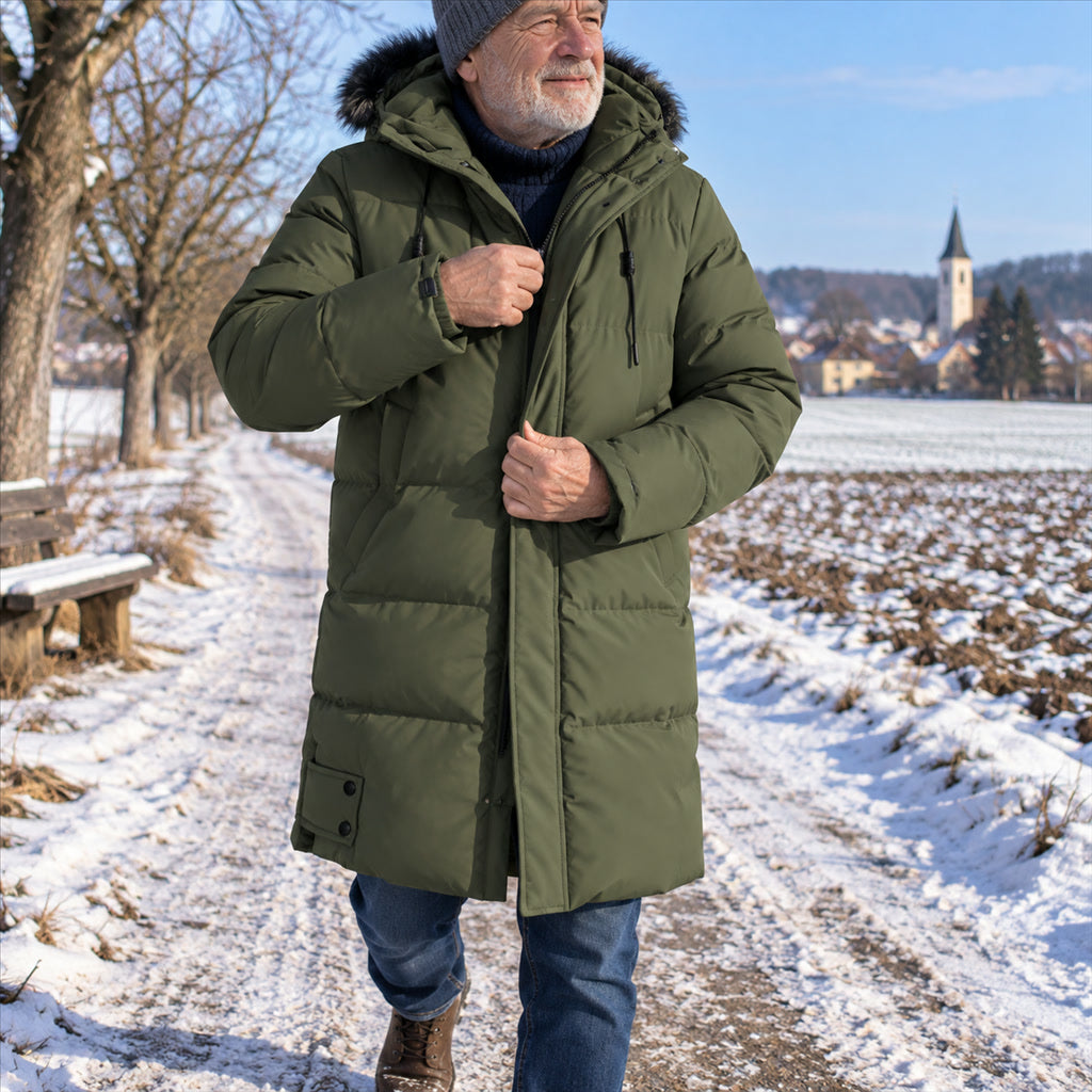 Lange Winterjacke für Herren, wasserdicht und warm gefüttert, mit verstellbarer Kapuze für Arbeitsweg und Spaziergang – XS bis 4XL, 2 Farben