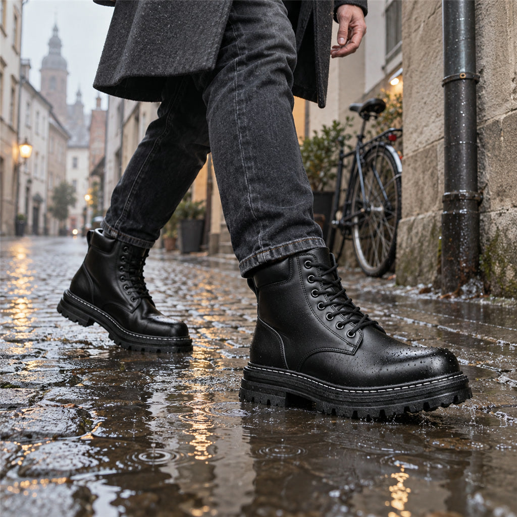 Wasserdichte Schnürstiefel für Herren aus Leder mit Komfortsohle für Regen und Schnee – rutschfeste Sohle, Größe 6 bis 15, 4 Farben
