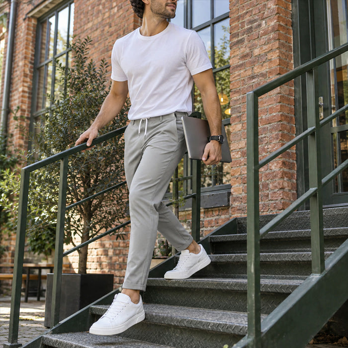 Schmal zulaufende Herren-Stretchhose mit Kordelzug am Bund und Taschen für Alltag, Büro und Abend – knitterarm, S bis 2XL, 5 Farben