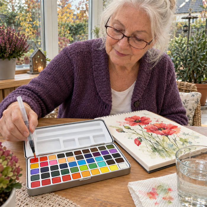 Aquarellfarben-Set mit 50 Farben in Metalldose für Einsteiger und Fortgeschrittene – mit Wassertankpinsel, Malpinsel, Schwamm und Mischschalen