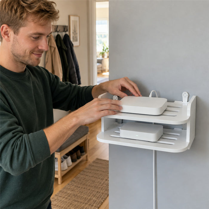Wandregal für WLAN-Router und Technikgeräte mit offenem Rahmen, Kabelführung und Lüftungslöchern – feuchtigkeitsfest, mit Schutzkante