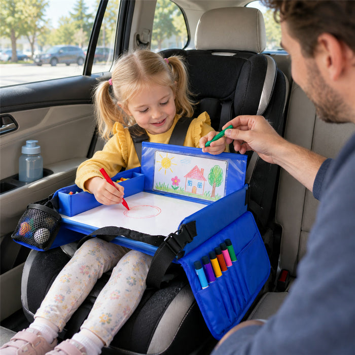 Reisetablett für Kinder-Autositz mit hohem, weichem Rand und Seitentaschen für Snacks, Malen und Spielen – wasserfest, verstellbarer Gurt, 2 Farben
