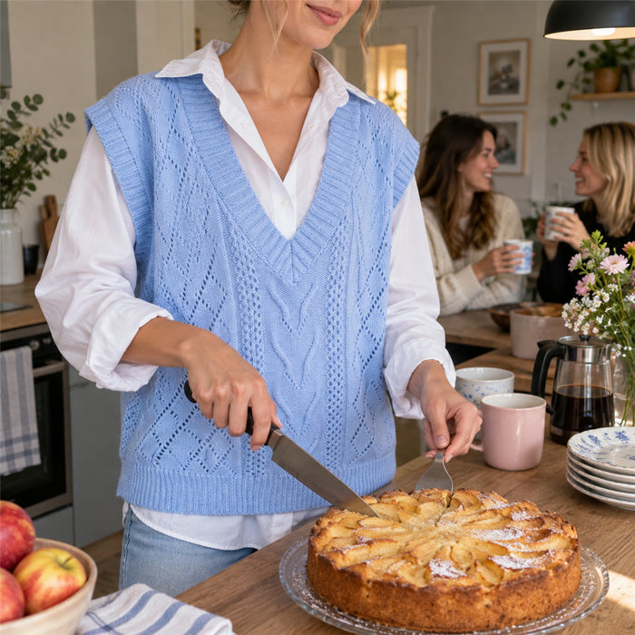 Strick-Pullunder für Damen mit V-Ausschnitt und Zopfmuster für Frühling und Herbst – Acryl, leicht dehnbar, XS bis XL, Grau, Blau oder Apricot