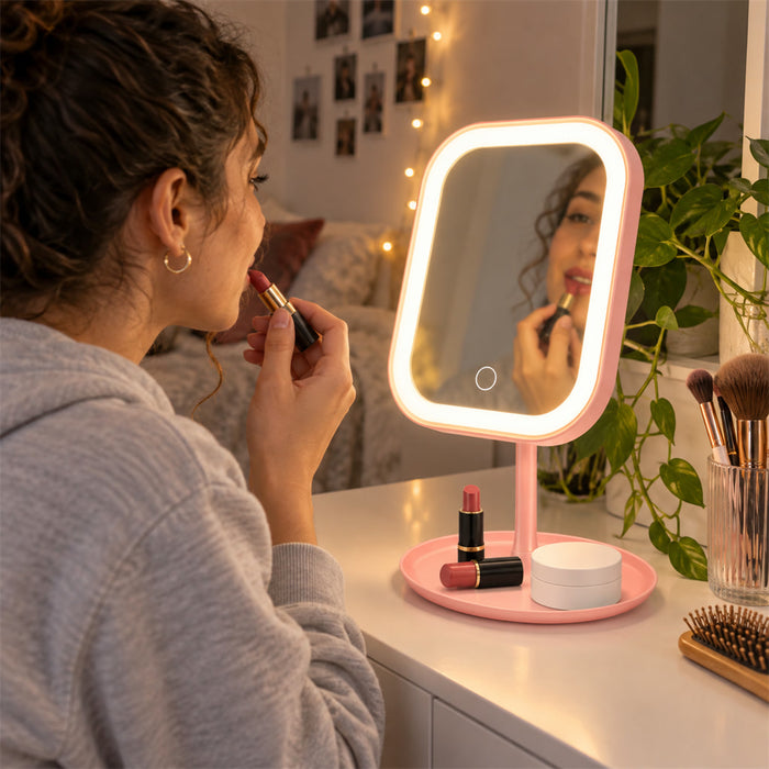 Tragbarer LED-Schminkspiegel mit 3 Lichtfarben und stufenloser Dimmung für Make-up zu Hause und auf Reisen – Touch, 90° neigbar, Akku, Ablage