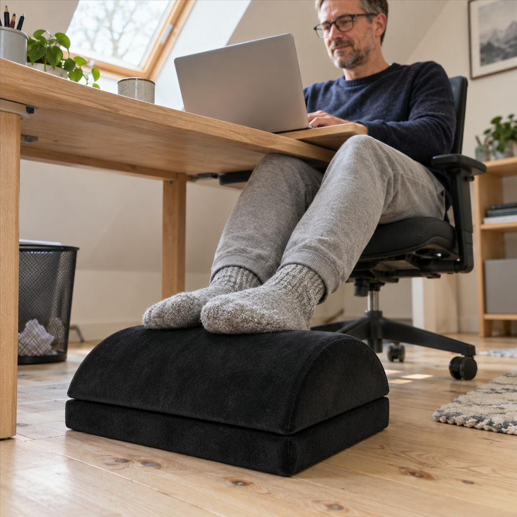 Fußkissen für unter den Schreibtisch aus Memory-Schaum mit Samtbezug für Büro, Homeoffice und Reisen – rutschfest, Bezug waschbar, 720 g