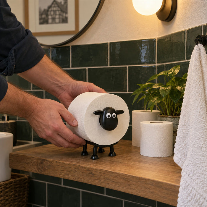 Freistehender Toilettenpapierhalter in Schafform für Bad und Gäste-WC – Tierfigur zum Hinstellen, die Rolle bildet den Körper, in Schwarz