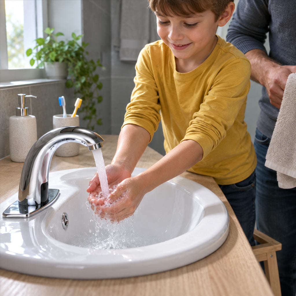Berührungsloser Sensor-Wasserhahn mit Temperaturmischer für das Waschbecken im Badezimmer – Messing verchromt, mit Schläuchen, Batteriebetrieb