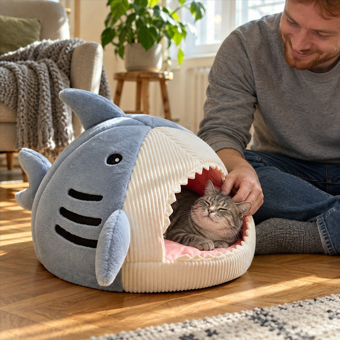 Kuschelhöhle in Hai-Form für Katzen und kleine Hunde aus weichem Plüsch – 40 × 40 × 32 cm, 2-in-1 als Höhle oder offenes Bett, Blau oder Grau