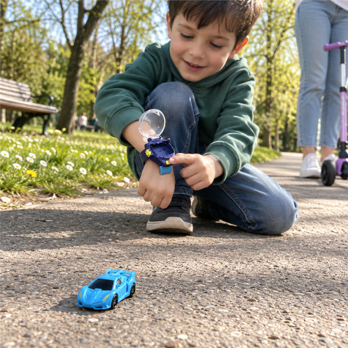 Spielzeuguhr mit abnehmbarem, ferngesteuertem Mini-Auto für Kinder zum Spielen unterwegs – Uhr als Fernbedienung, 2 Tasten, USB-Akku, 5 Farben