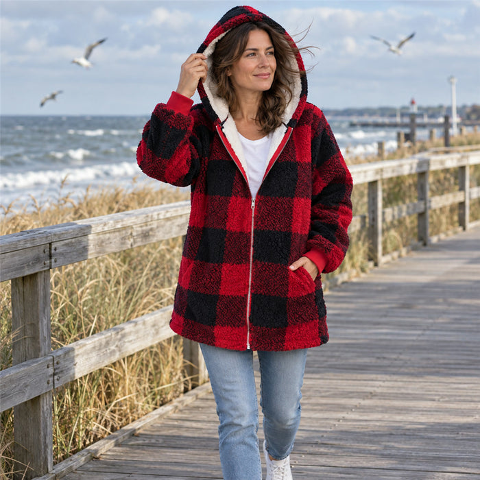 Karierte Oversize-Kapuzenjacke für Damen aus Polarfleece für Alltag und Urlaub – lange Ärmel, leicht elastisch, S bis 5XL, 7 Farben