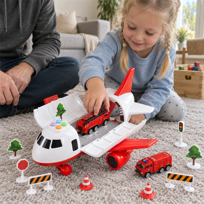 XL-Flugzeug-Spielset mit Metallautos und Verkehrsschildern für Kinder von 3 bis 12 Jahren – 30 × 27,5 × 15,5 cm, Licht und Sound, 3 Farben