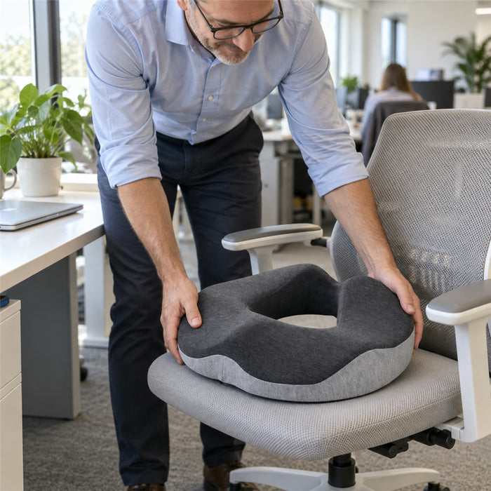 Ringförmiges Sitzkissen aus Memory-Schaum mit Loch in der Mitte für Büro, Reisen und Zuhause – Donut-Form, rutschfest, Bezug waschbar, Grau