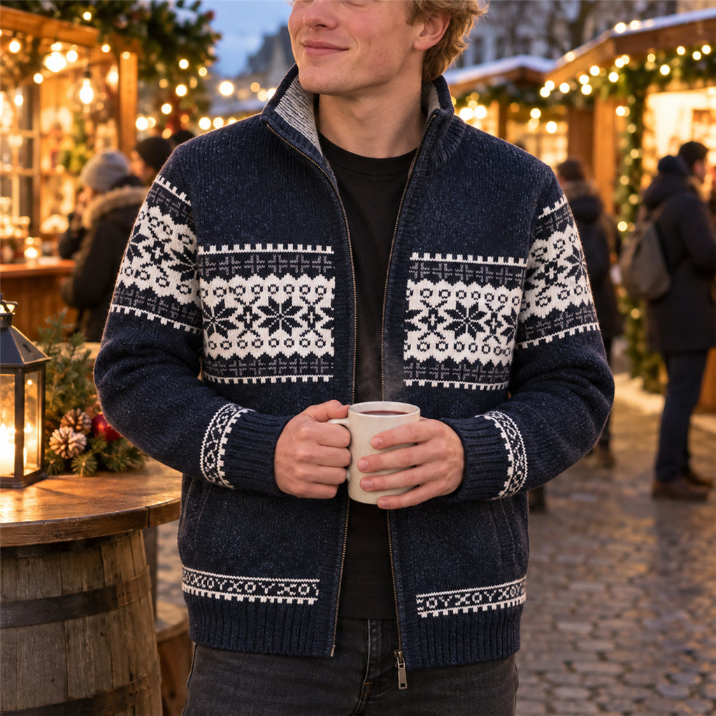 Herren-Strickjacke mit Norwegermuster und warmem Fleecefutter für kalte Wintertage – Stehkragen, Reißverschluss, S bis 3XL, 4 Farben