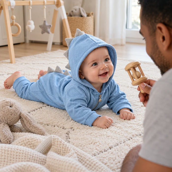 Baby-Strampler mit Kapuze und Dino-Zacken aus Baumwolle – Reißverschluss, 0 bis 18 Monate, weich, waschbar, Rosa, Grau, Blau oder Weiß