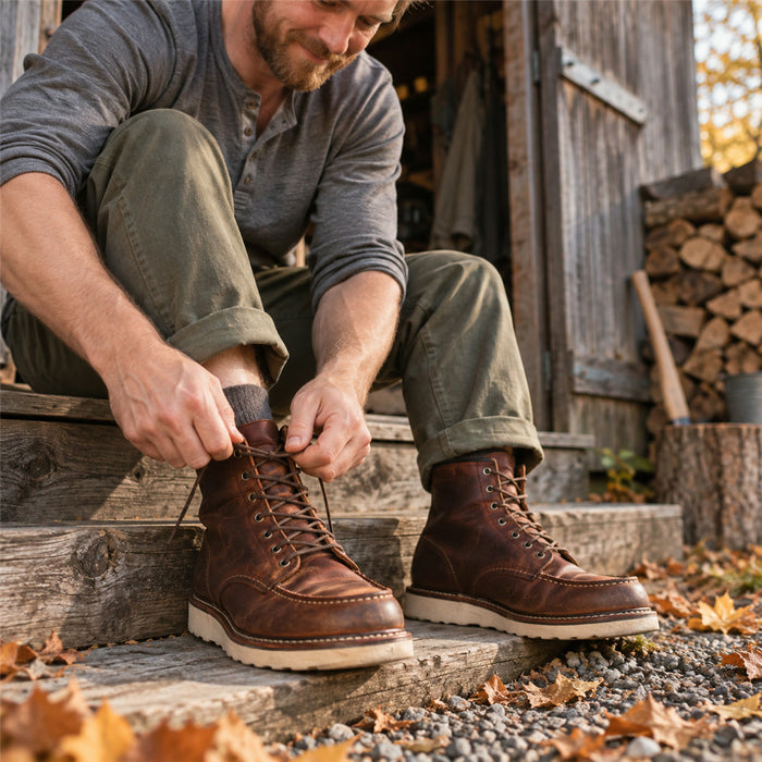 Herren-Arbeitsstiefel aus geöltem Vollnarbenleder mit Mokassin-Kappe im Retro-Stil – rahmengenäht, EVA-Sohle, ohne Stahlkappe, Dunkelbraun