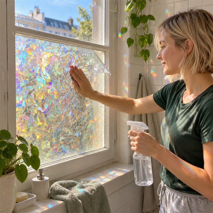 Statische Fensterfolie mit Regenbogen- und Buntglas-Effekt als Sichtschutz für Fenster und Bad – 30 × 100 bis 115 × 500 cm, ohne Kleber