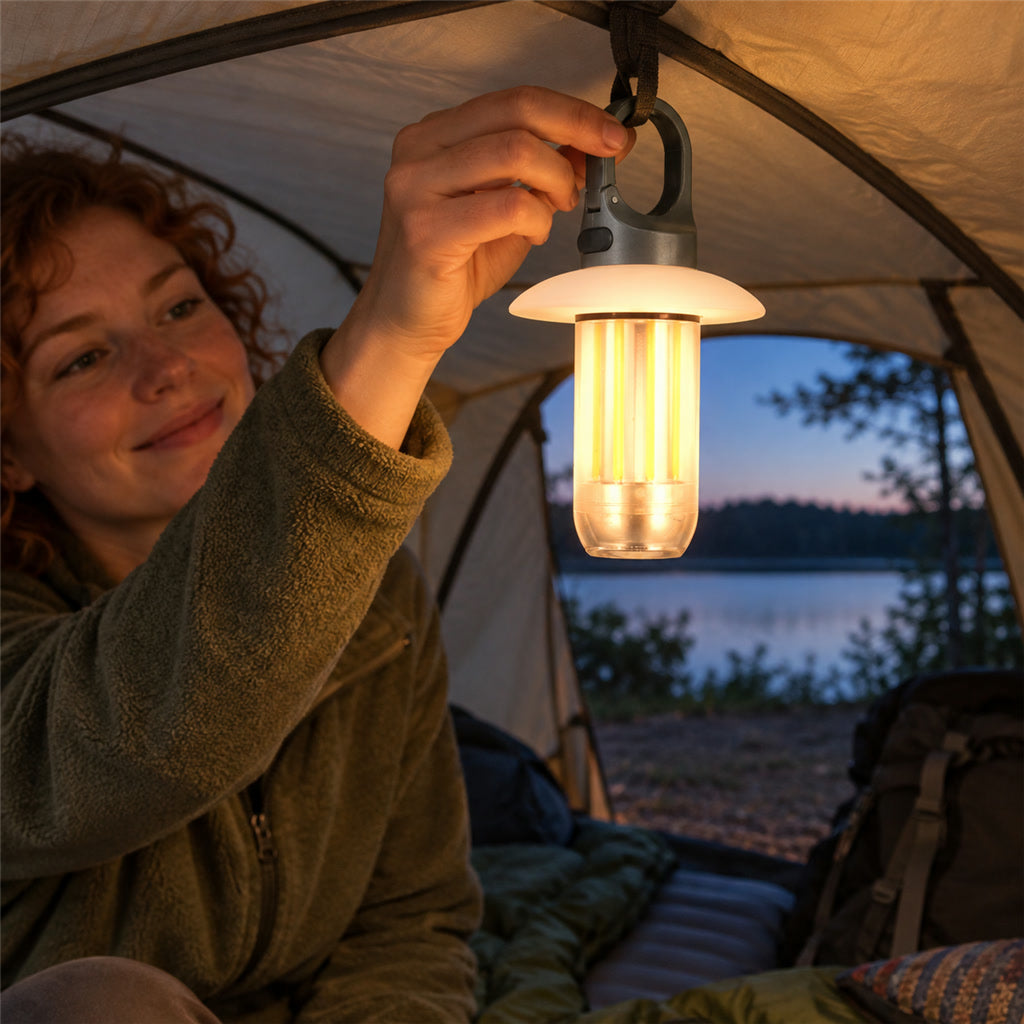 Wiederaufladbare LED-Campinglampe als Zeltlampe und Handleuchte für Camping und Wandern – 5 Leuchtmodi, USB-Akku, IPX4, Haken