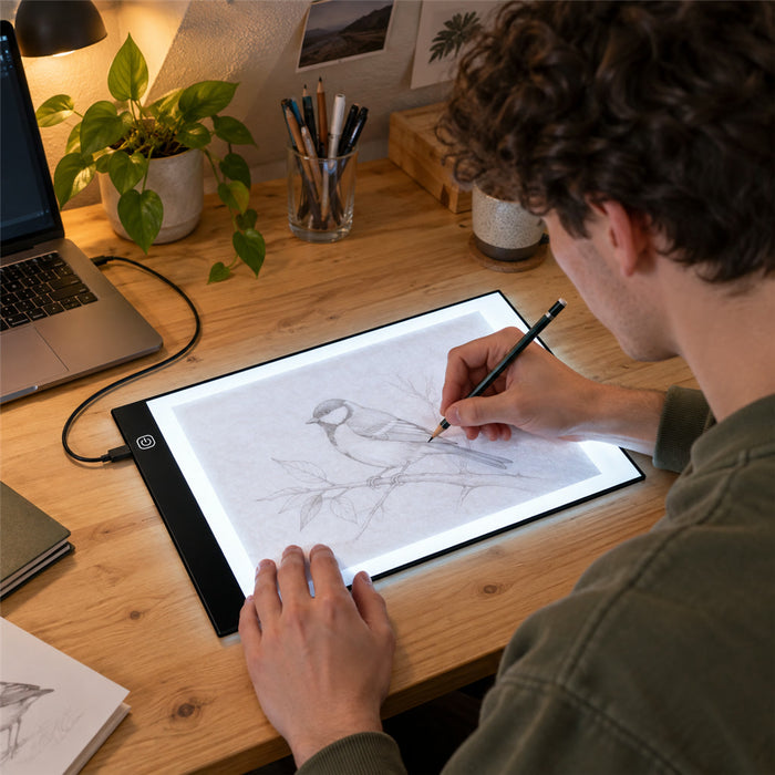 Ultradünne LED-Leuchtplatte zum Abpausen und Zeichnen für Kalligrafie und Skizzen – A4 (30 × 20 cm) oder A5 (24 × 15 cm), 3 Helligkeitsstufen, USB