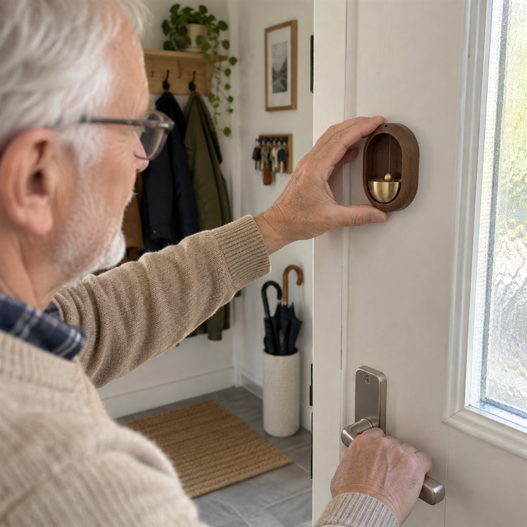 Türglocke aus Holz mit goldfarbener Metallglocke für Eingangstür und Laden – Holzgehäuse oval oder in Vogelform, Landhausstil