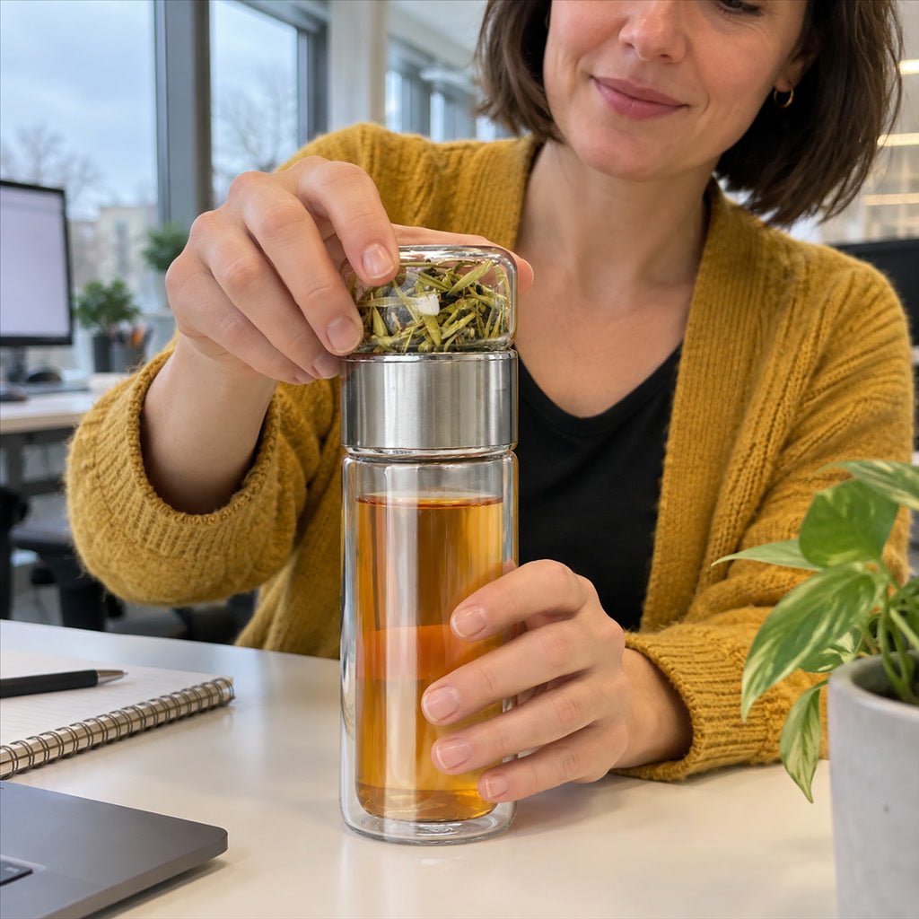 Doppelwandige Teeflasche aus Borosilikatglas mit Teefach aus Edelstahl für Zuhause, Büro und unterwegs – 430 ml, auslaufsicher, Silikondichtring