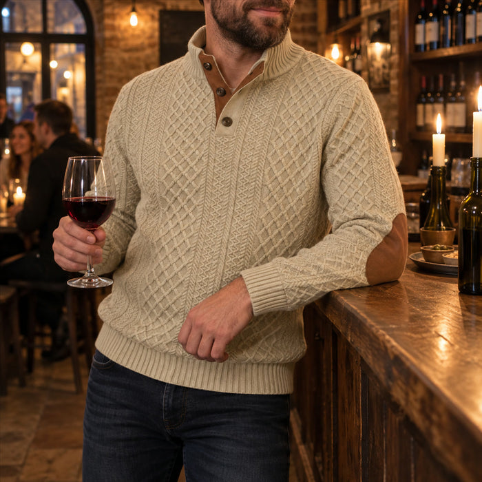 Warmer Herrenpullover mit Stehkragen, Knopfleiste und Ellenbogen-Patches aus Merinowolle und Kaschmir – Rautenstruktur, S bis 3XL, 5 Farben