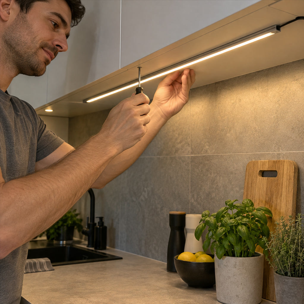 Ultraflache LED-Unterbauleiste im Aluminiumprofil mit 45°-Abstrahlwinkel für Schränke und Wohnräume – kürzbar, 12 V, 3000 bis 6000 K