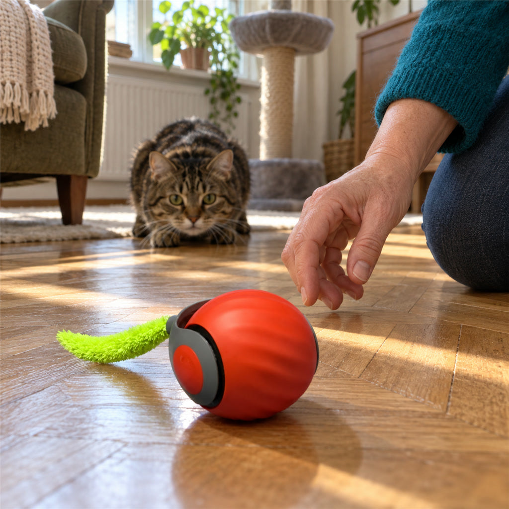 Interaktiver Rollball mit Federaufsatz für Wohnungskatzen – selbstrollend, 2 Modi, 2 Geschwindigkeiten, USB-C-Akku, Silikon, Orange oder Blau
