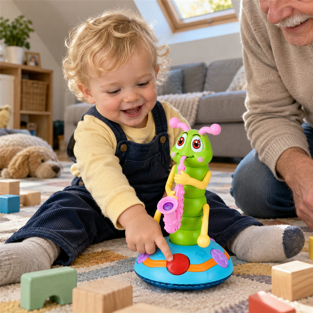 Musikalische Raupe mit Saxofon, LED-Licht und Tanzbewegung für Kleinkinder – 25 × 14 cm, 2 Spielmodi, Kunststoff, batteriebetrieben