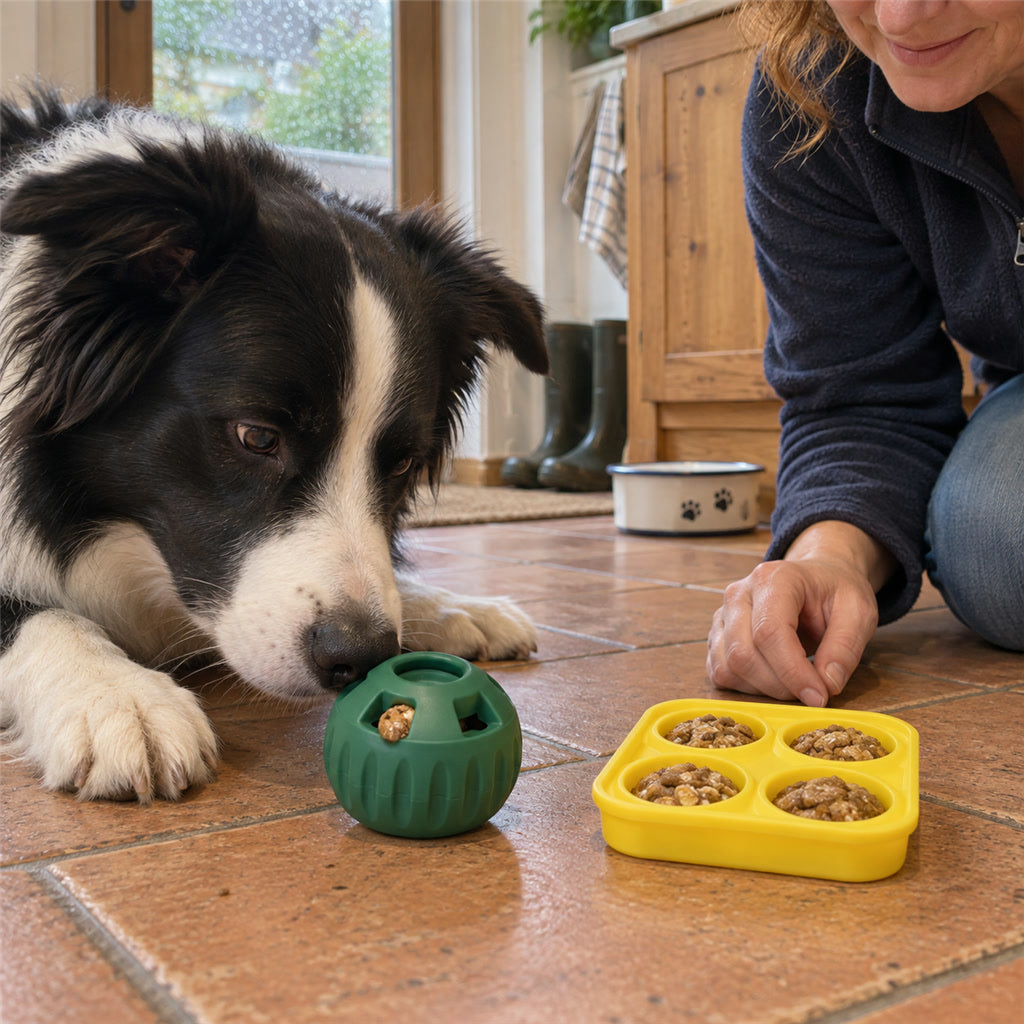 Befüllbarer Leckerli-Ball aus Silikon mit Silikonform für Hunde als Kauspielzeug und Anti-Schling-Napf – 2-in-1, Ball 8 cm, spülmaschinenfest