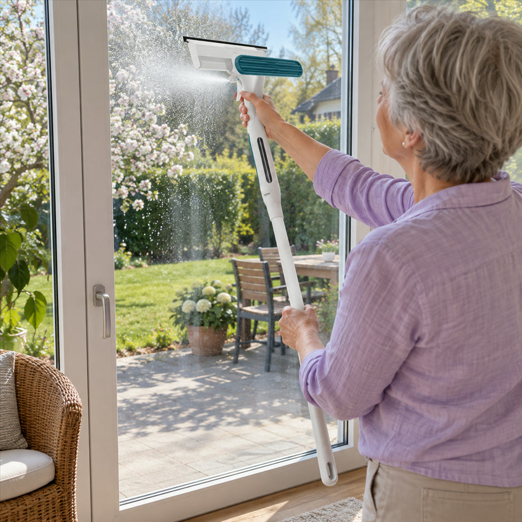 Fensterwischer mit integriertem Sprüher und Silikonabzieher für Fenster, Spiegel und Glastüren – ausziehbarer Stiel, Schmutzwasserauffang