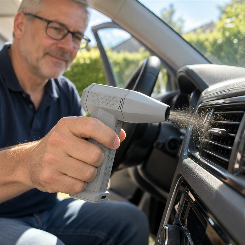 Kabelloses Akku-Luftgebläse mit bürstenlosem Motor für Elektronik und Autoinnenraum – bis 130.000 U/min, bis 52 m/s, regelbar, Schwarz oder Silber