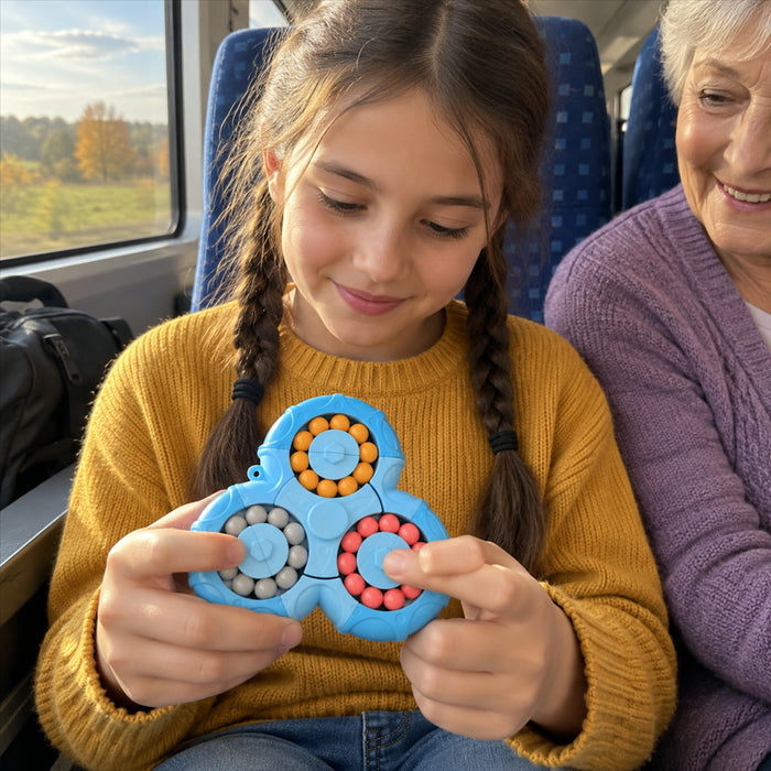 Fidget-Spielzeug mit drehbaren Perlenringen als Knobelspiel für Kinder und Erwachsene – 11 × 10 × 2,6 cm, dreiflügelig, ABS, Farbe zufällig