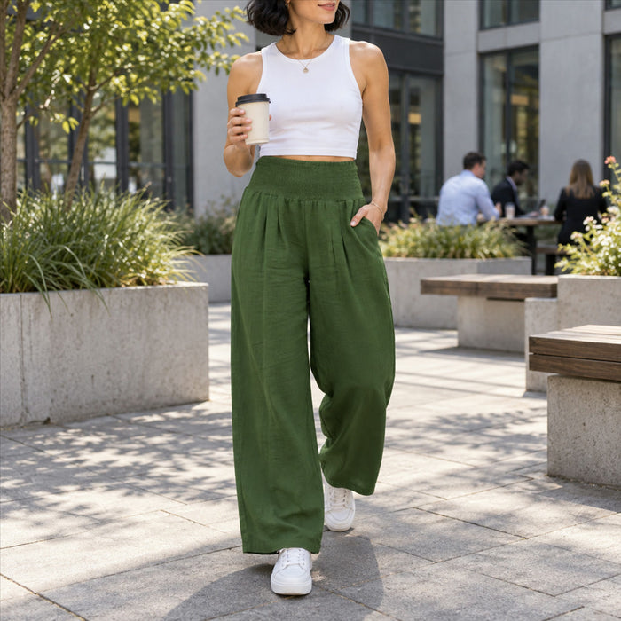 Weite Damenhose aus Baumwolle und Leinen mit hoher Taille für Alltag und formelle Anlässe – leichter Stoff, S bis 3XL, 7 Farben