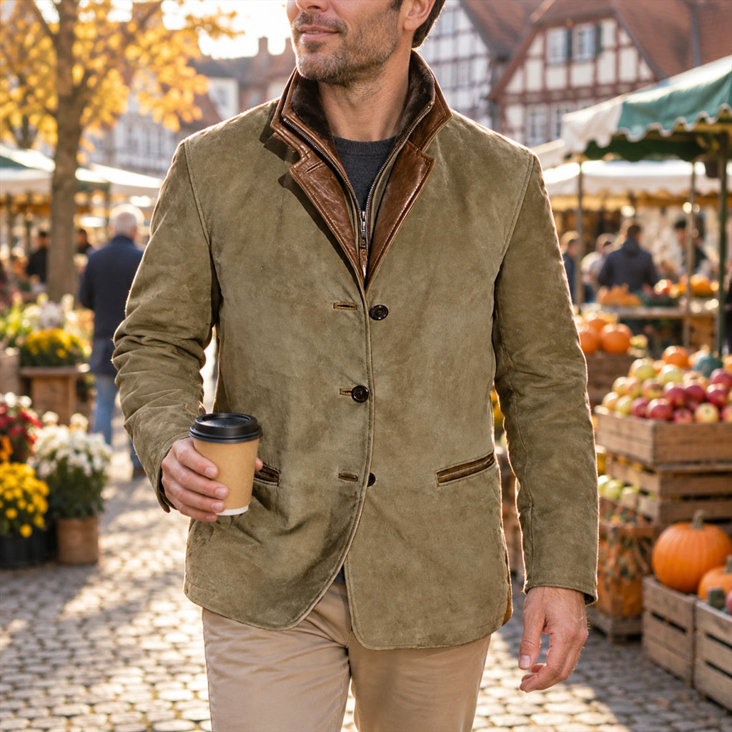 Herren-Vintage-Jacke aus Suede mit Knopfleiste und wärmendem Futter für Herbst und Winter – Kragen-Einsatz mit Reißverschluss, S bis 5XL, Khaki