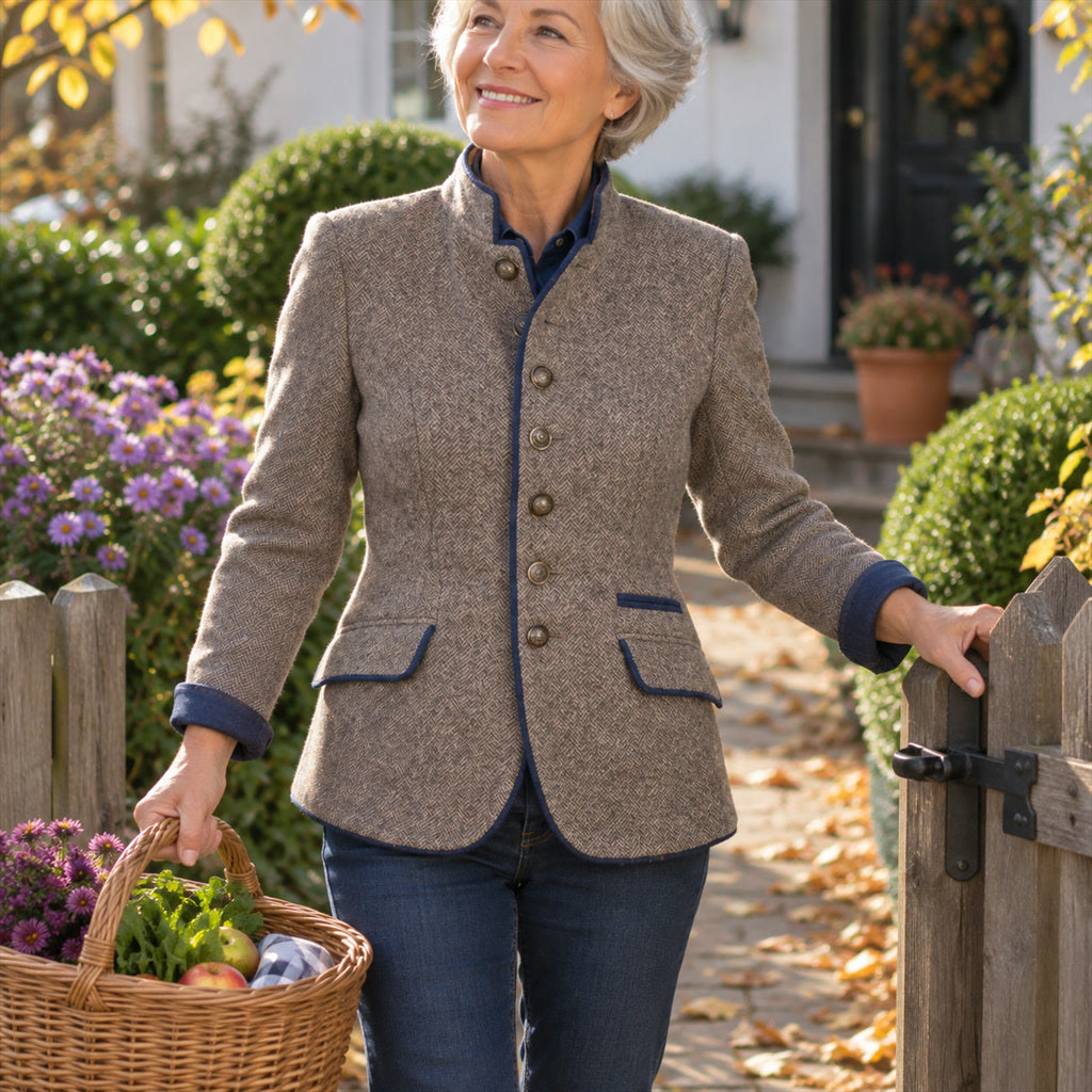 Taillierte Damenjacke in Tweed-Optik mit Stehkragen und Knopfleiste für verschiedene Anlässe – marineblaue Kontrastpaspeln, Pattentaschen, S bis 2XL