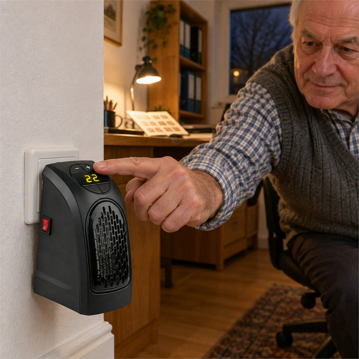 Kompaktes Steckdosen-Heizgerät mit Digitalanzeige, Timer und Fernbedienung für kleine Räume – 400 W, einstellbar 15–32 °C, 2 Heizprogramme
