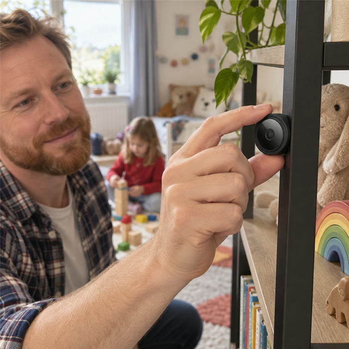 Kabellose Mini-Kamera mit Magnethalterung, Ton und Nachtsicht für Kinderzimmer, drinnen und draußen – Full HD, 150° Weitwinkel, Akku, App