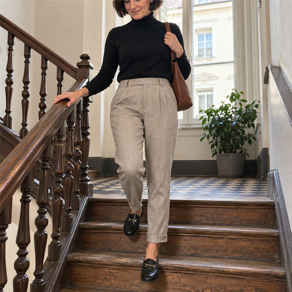 Elegante taillierte Damenhose mit klassischem Schnitt für Büro und Freizeit – schmeichelnde Silhouette, Größen S bis 2XL, Braun oder Beige
