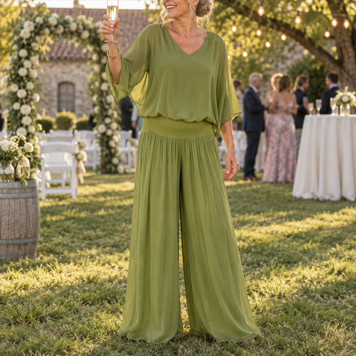 Elegantes Zweiteiler-Set aus Oberteil und weiter Chiffonhose für Hochzeiten, Dinner und Abendveranstaltungen – S bis 3XL, 10 Farben