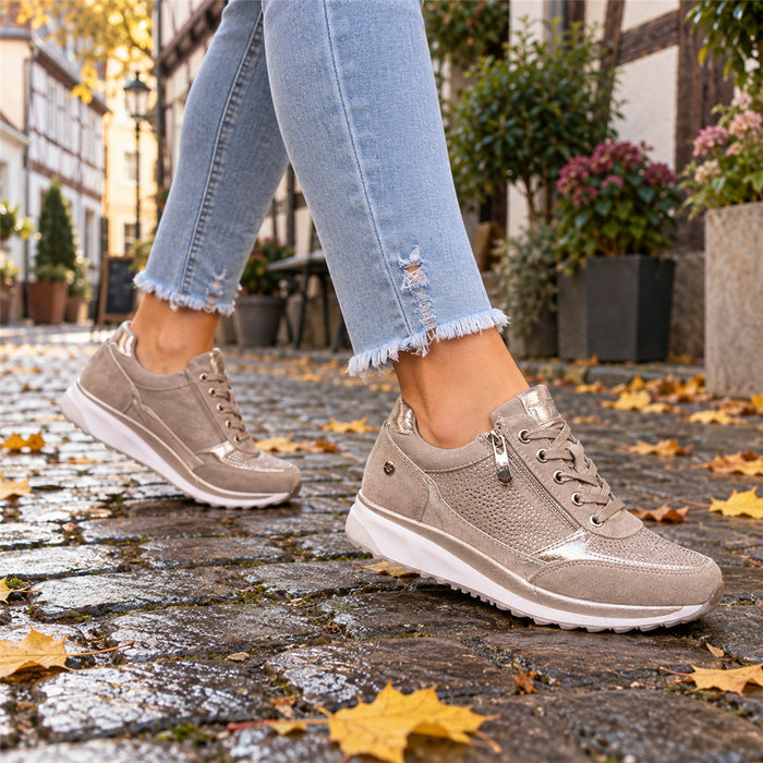 Damen-Sneaker mit Keilabsatz-Plateau, seitlichem Reißverschluss und Glitzer-Einsatz für die Stadt – Schnürung, EU-Größen 35 bis 43, Taupe-Metallic