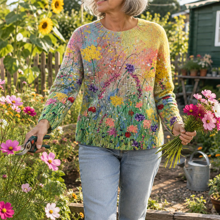 Gemütlicher Damenpullover mit Blumenmotiv im Ölgemälde-Stil – Kunstmotiv, bequeme Passform, mehrfarbig, in den Größen S bis 2XL
