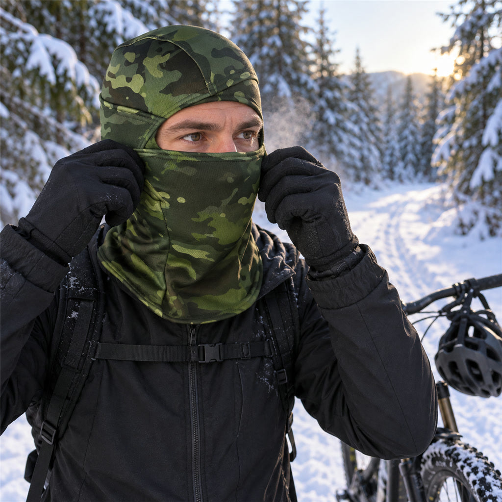 Sturmhaube mit Fleecefutter im Tarnmuster für Skifahren, Radfahren und Motorrad – Vollgesichtsmaske, winddicht, helmtauglich, Polyester, 6 Muster