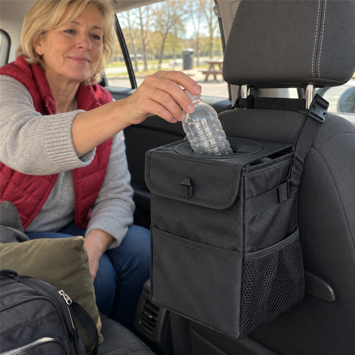 Hängender Auto-Mülleimer aus Nylon mit Deckel für Kopfstütze, Mittelkonsole und Tür – wasserdicht, faltbar, Seitentaschen, ca. 17 × 16 × 24 cm