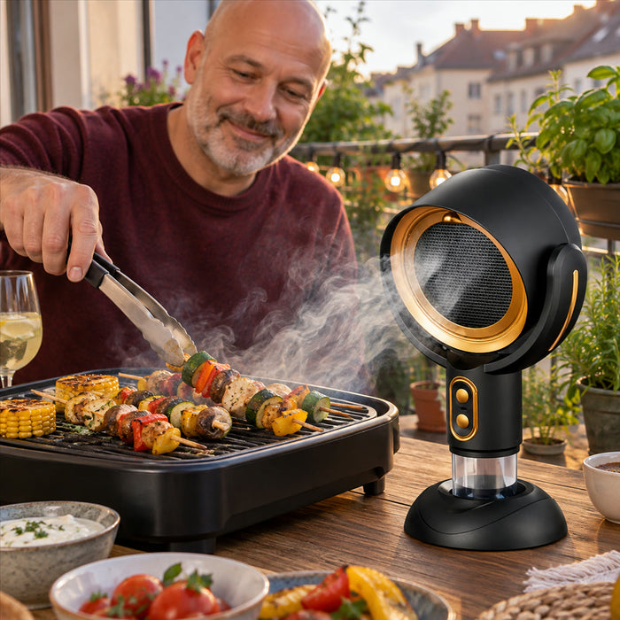 Mobile Dunstabzugshaube mit Akku und 2 Stufen für Küche, Grill und Partys – 15° neigbar, Edelstahl-Fettfilter, USB-Laden, ca. 15 × 21 × 35 cm