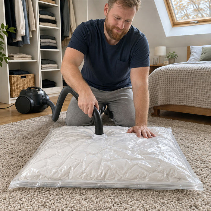 Vakuum-Aufbewahrungsbeutel aus PA/PE für Bettwäsche, Kleidung und Kissen – Doppelzipper, Ventil für Pumpe oder Sauger, transparent, wiederverwendbar