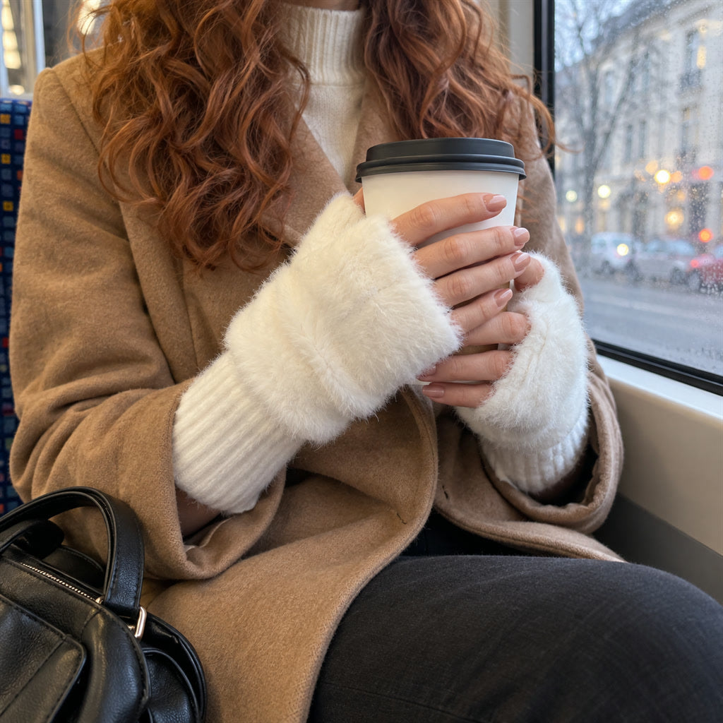 Fingerlose Plüsch-Handschuhe für Damen im Winter – weich, Fingerspitzen frei für Handy und Tastatur, in Schwarz, Khaki, Weiß, Rosa