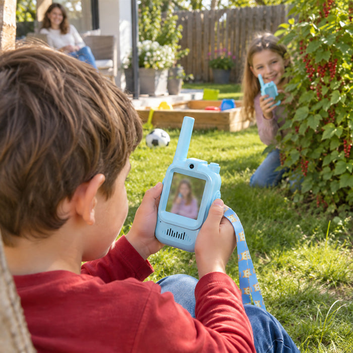 Kinder-Walkie-Talkies mit Video-Chat im 2er-Set für Kinderzimmer, Garten und Spiel – Bild und Ton, in Blau, Rosa oder gemischt