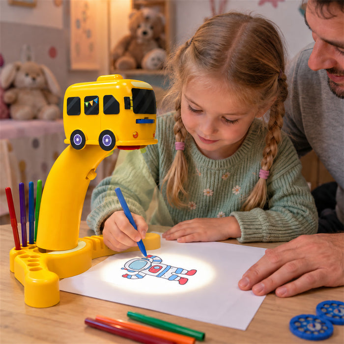 Zeichenprojektor für Kinder zum Nachzeichnen von Motiven – Projektionsspielzeug für Kinderzimmer, Motiv Bus, Flugzeug oder Einhorn