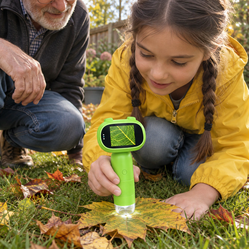 Digitales Handmikroskop für Kinder mit 2-Zoll-Bildschirm zum Entdecken in Natur und Garten – Foto und Video, LED-Licht, in Grün